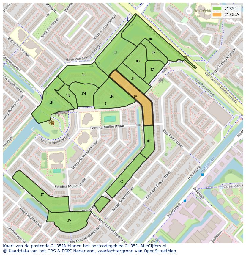 Afbeelding van het postcodegebied 2135 JA op de kaart.