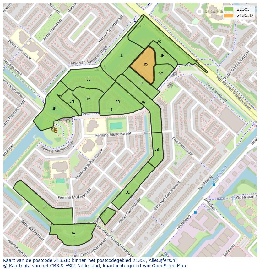 Afbeelding van het postcodegebied 2135 JD op de kaart.