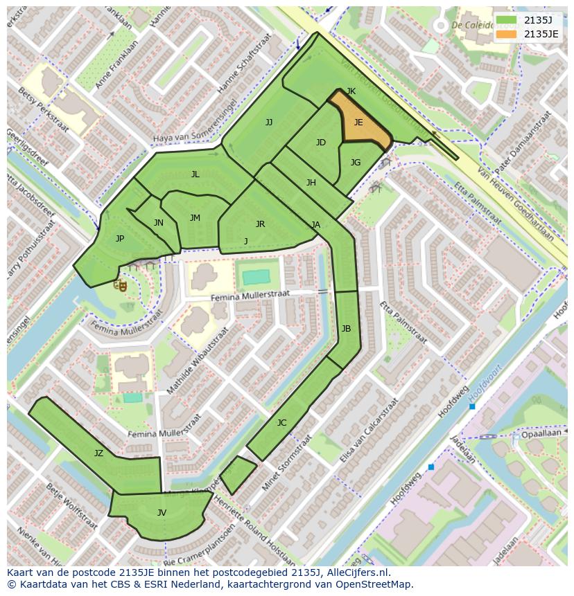 Afbeelding van het postcodegebied 2135 JE op de kaart.