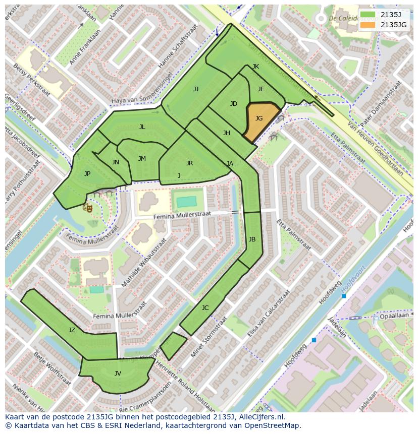 Afbeelding van het postcodegebied 2135 JG op de kaart.
