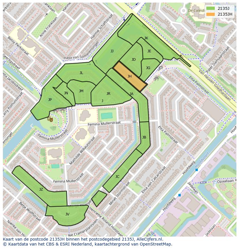 Afbeelding van het postcodegebied 2135 JH op de kaart.