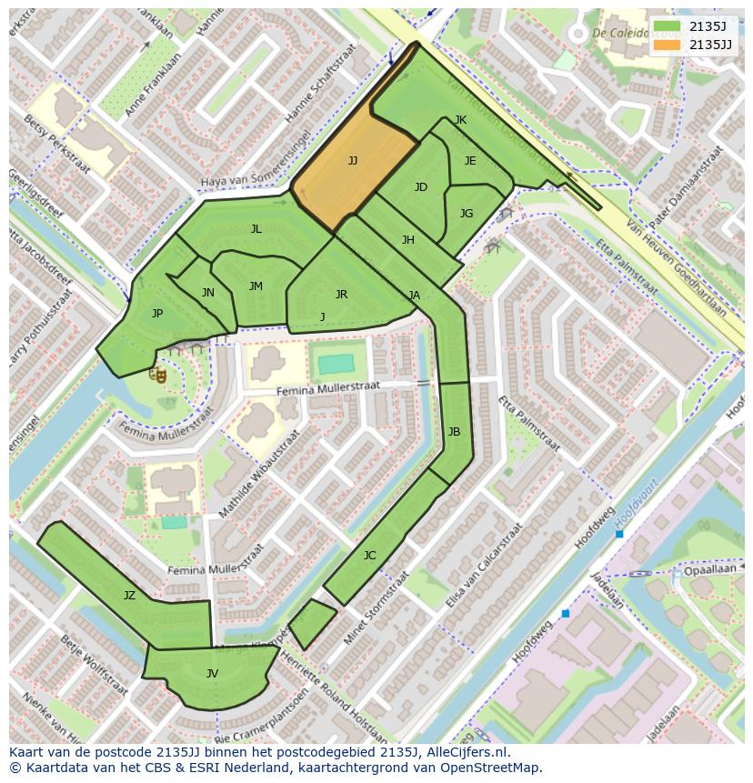 Afbeelding van het postcodegebied 2135 JJ op de kaart.
