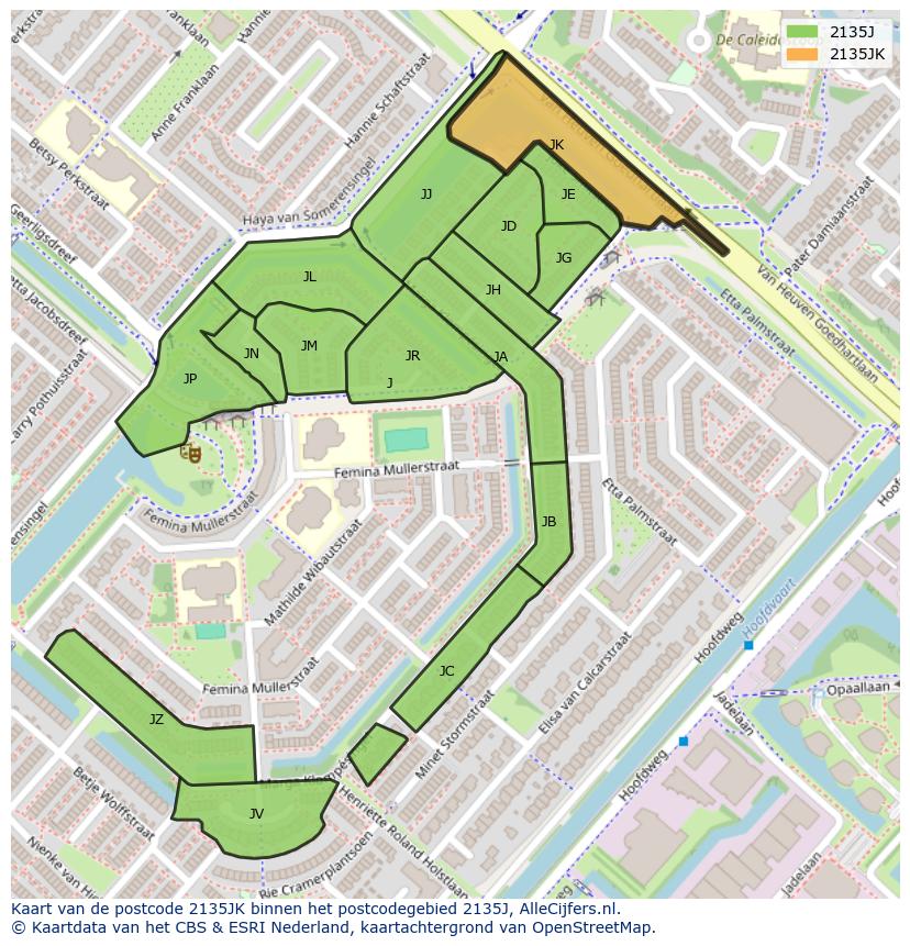 Afbeelding van het postcodegebied 2135 JK op de kaart.