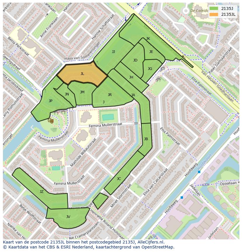 Afbeelding van het postcodegebied 2135 JL op de kaart.