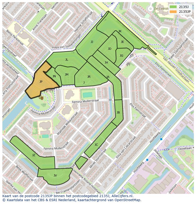 Afbeelding van het postcodegebied 2135 JP op de kaart.