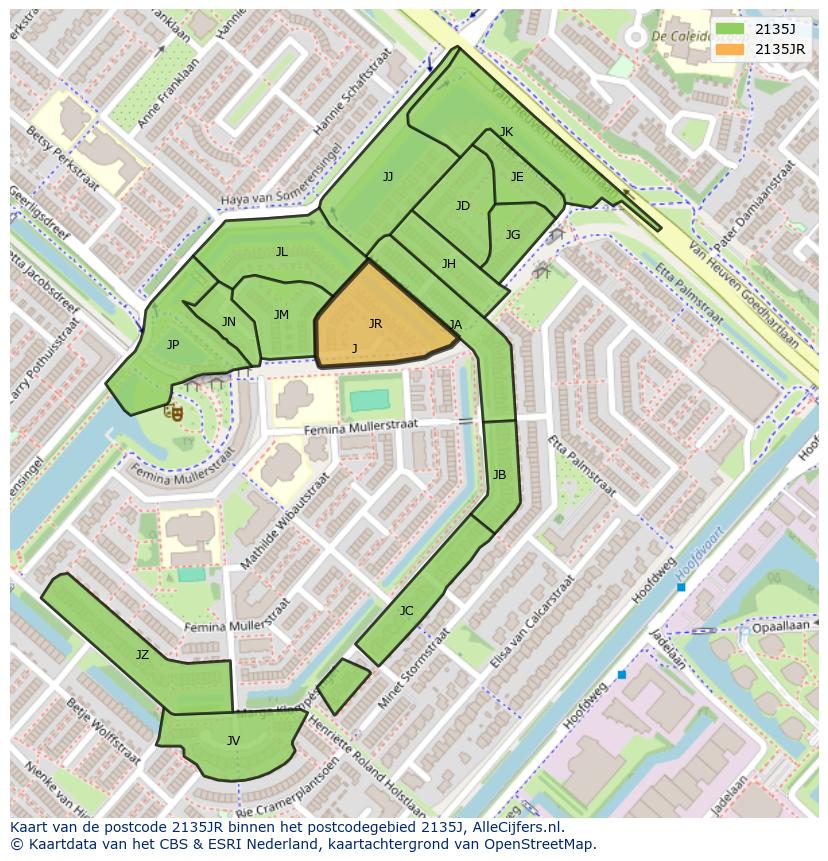 Afbeelding van het postcodegebied 2135 JR op de kaart.