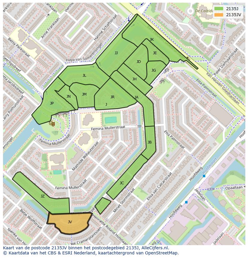 Afbeelding van het postcodegebied 2135 JV op de kaart.
