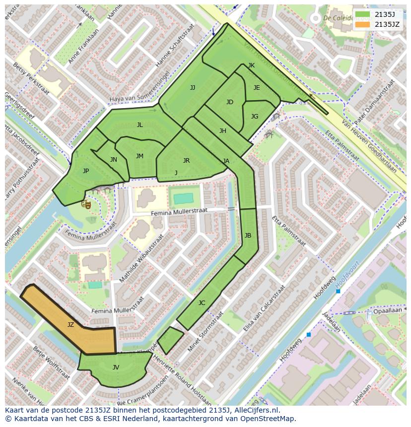 Afbeelding van het postcodegebied 2135 JZ op de kaart.