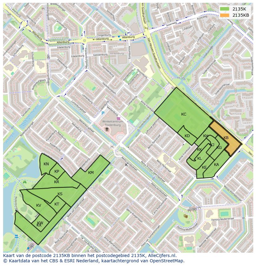 Afbeelding van het postcodegebied 2135 KB op de kaart.