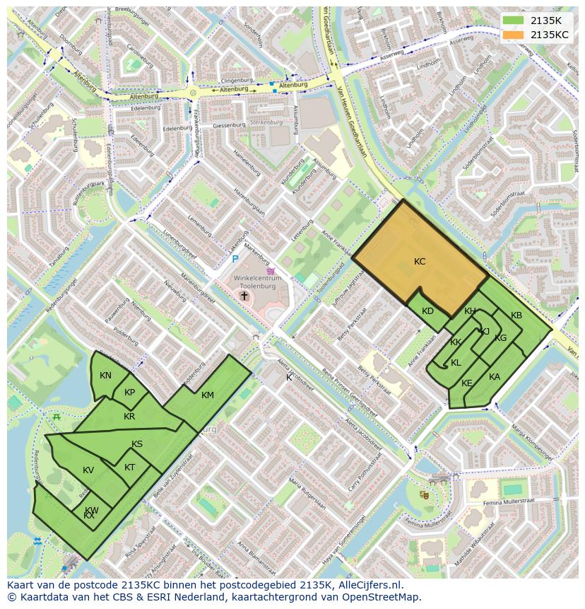 Afbeelding van het postcodegebied 2135 KC op de kaart.