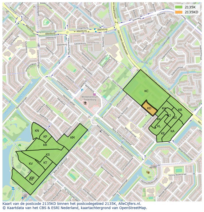 Afbeelding van het postcodegebied 2135 KD op de kaart.