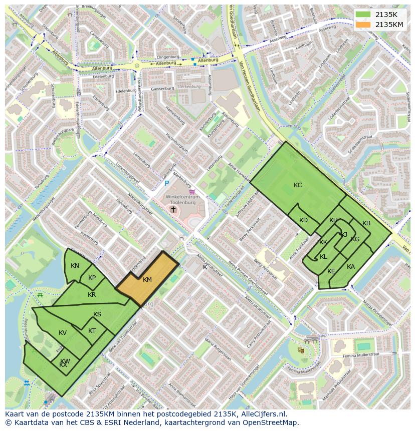 Afbeelding van het postcodegebied 2135 KM op de kaart.
