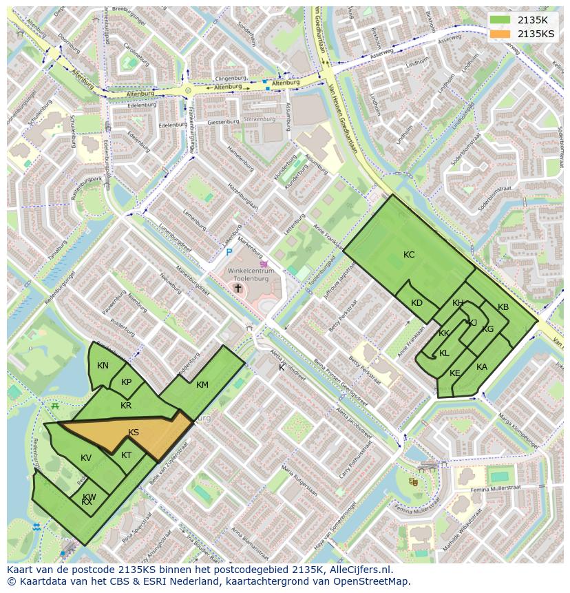 Afbeelding van het postcodegebied 2135 KS op de kaart.
