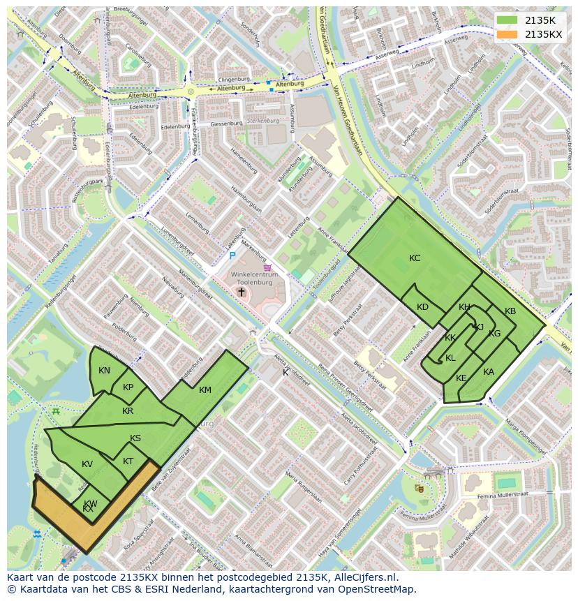 Afbeelding van het postcodegebied 2135 KX op de kaart.