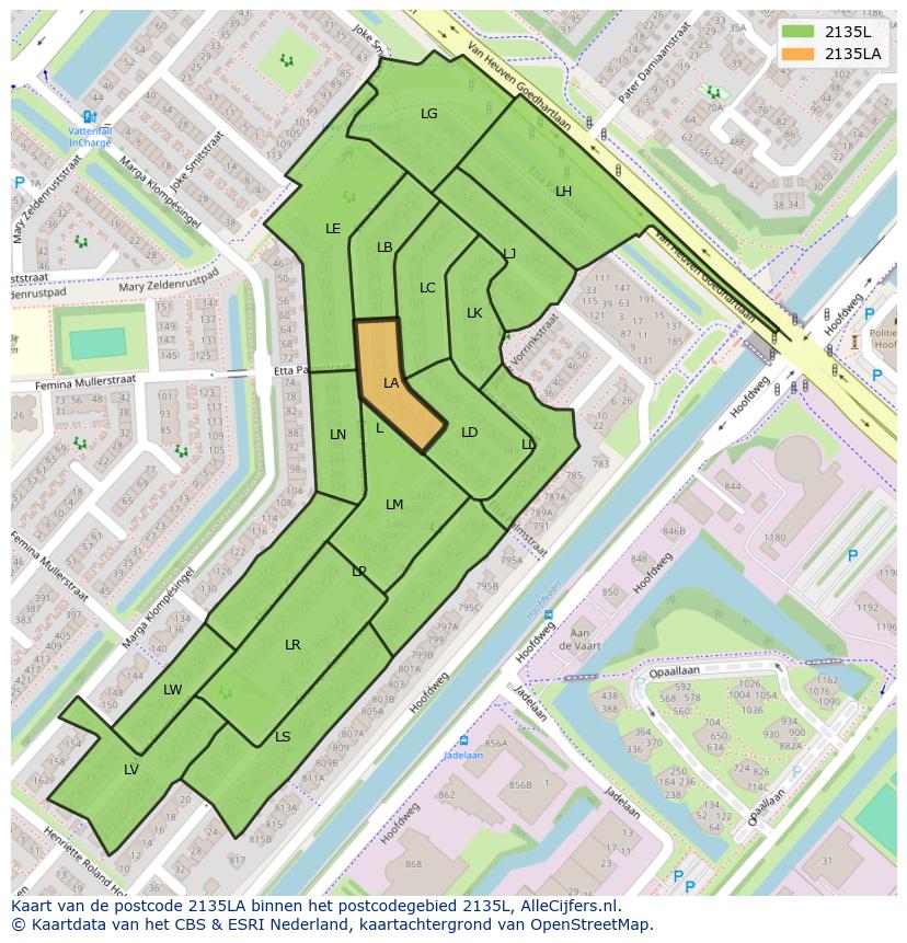 Afbeelding van het postcodegebied 2135 LA op de kaart.