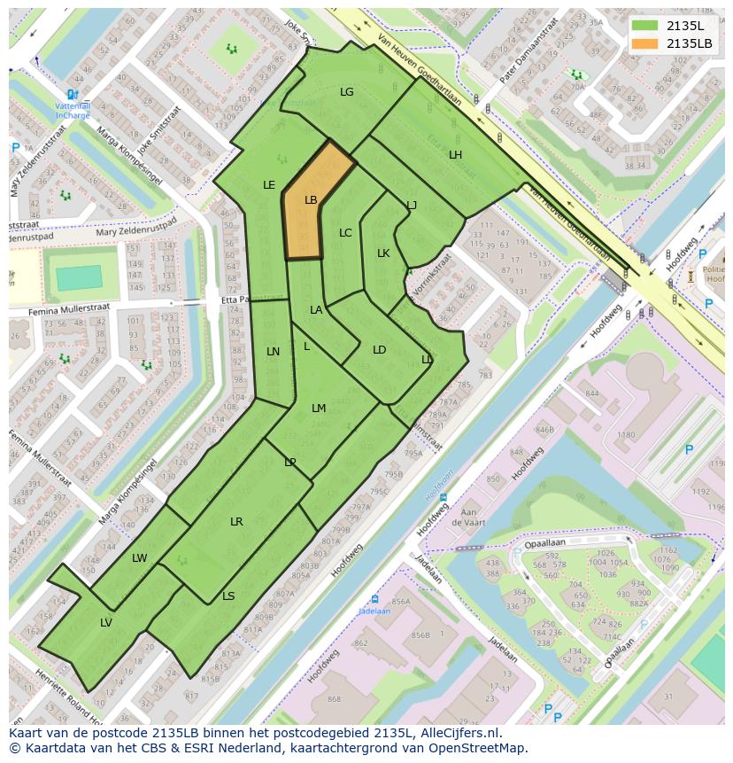 Afbeelding van het postcodegebied 2135 LB op de kaart.