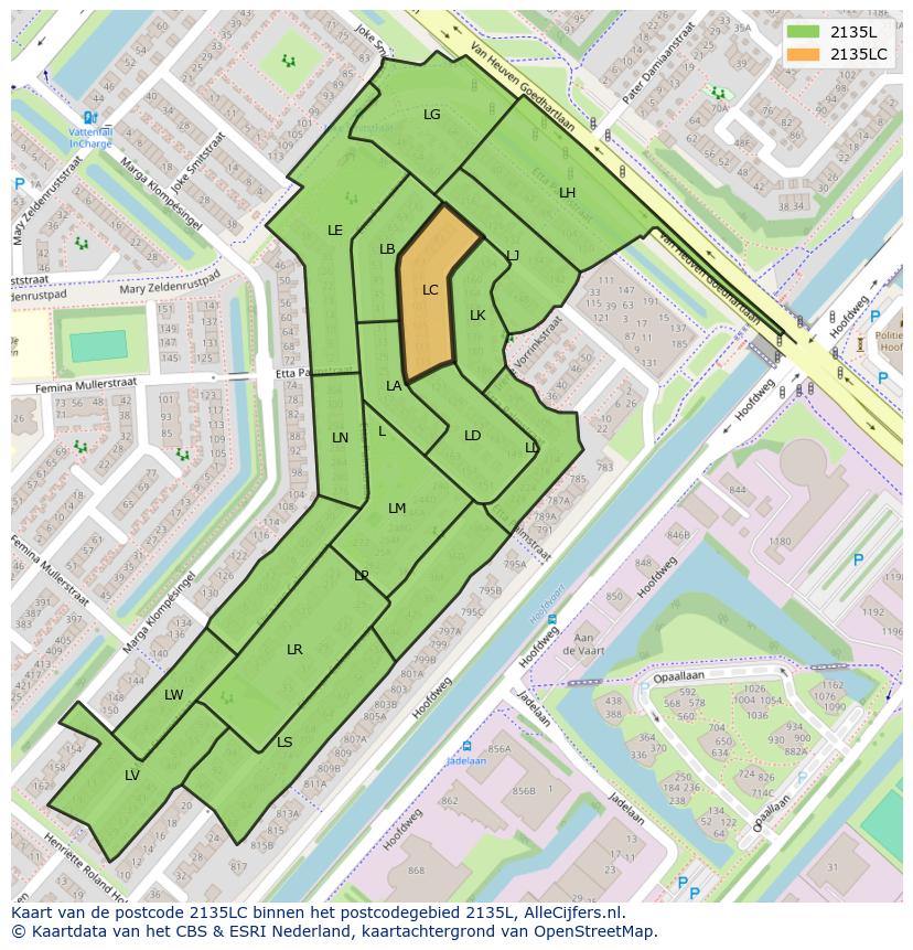 Afbeelding van het postcodegebied 2135 LC op de kaart.