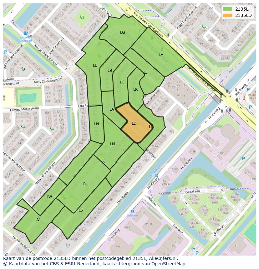 Afbeelding van het postcodegebied 2135 LD op de kaart.
