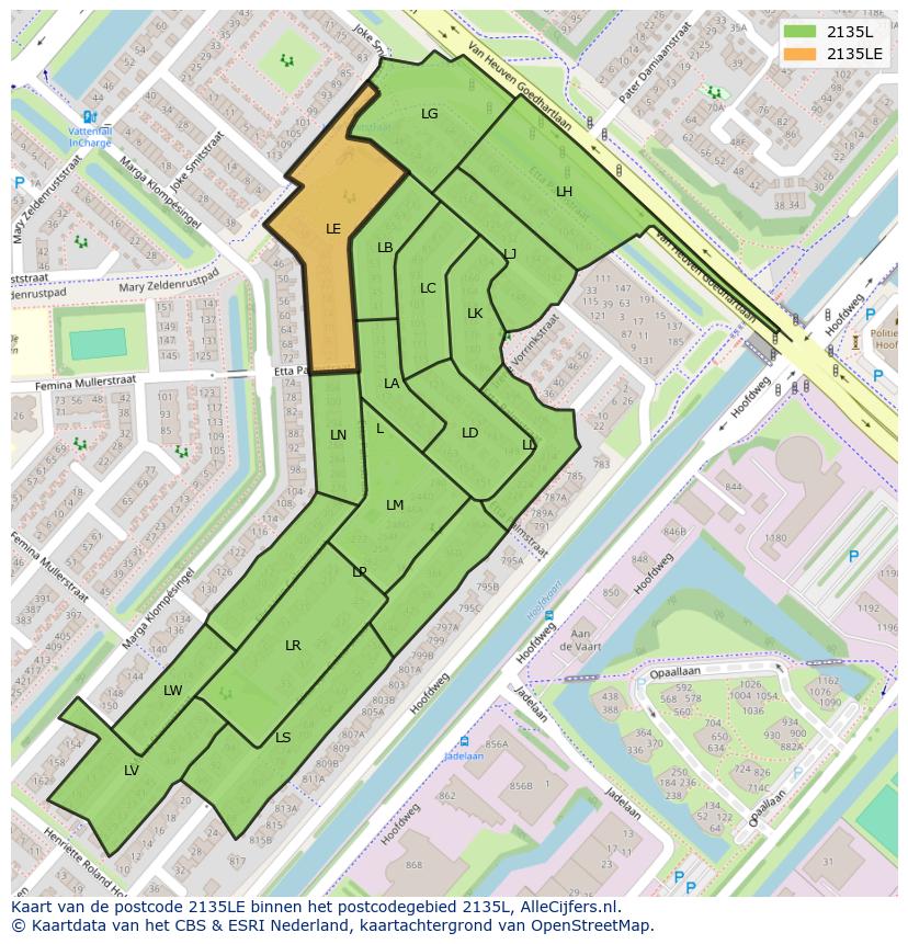 Afbeelding van het postcodegebied 2135 LE op de kaart.