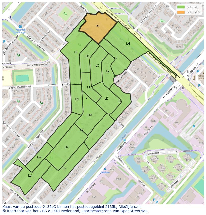 Afbeelding van het postcodegebied 2135 LG op de kaart.