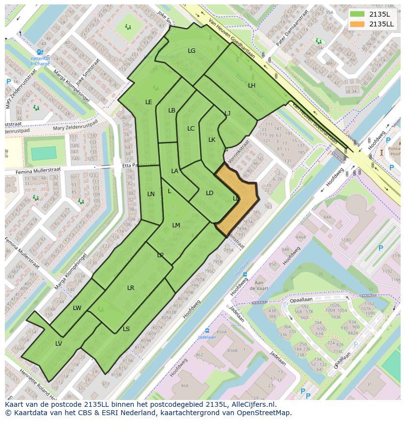 Afbeelding van het postcodegebied 2135 LL op de kaart.