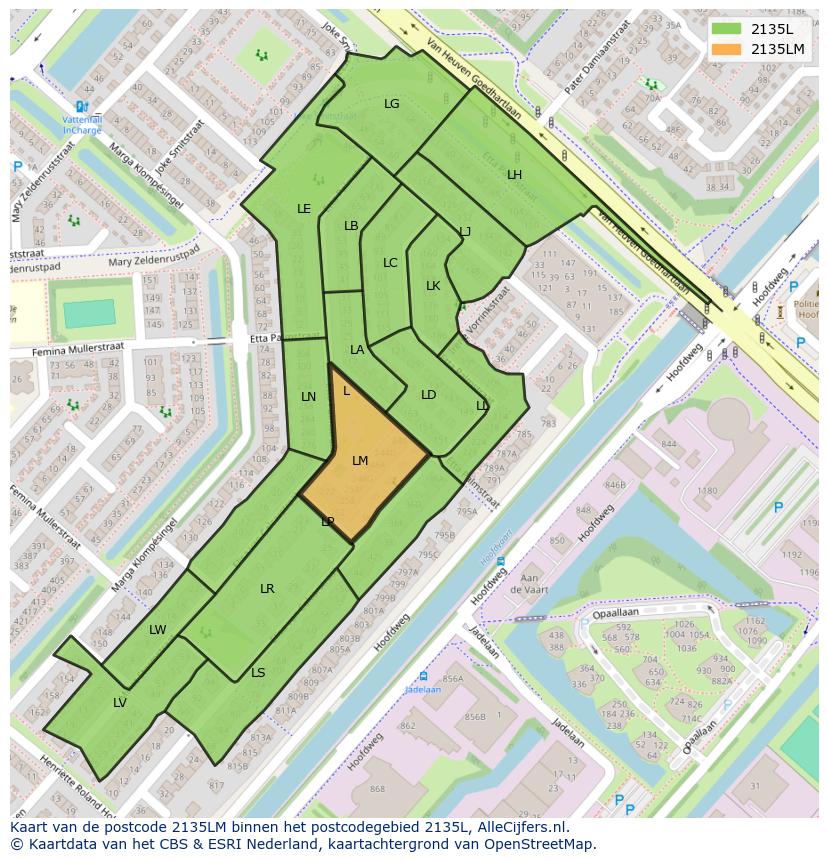 Afbeelding van het postcodegebied 2135 LM op de kaart.