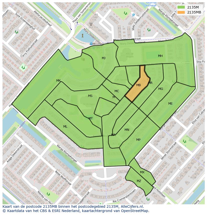 Afbeelding van het postcodegebied 2135 MB op de kaart.