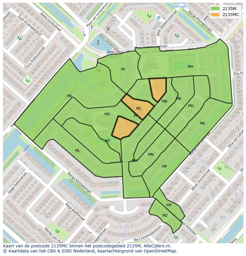 Afbeelding van het postcodegebied 2135 MC op de kaart.