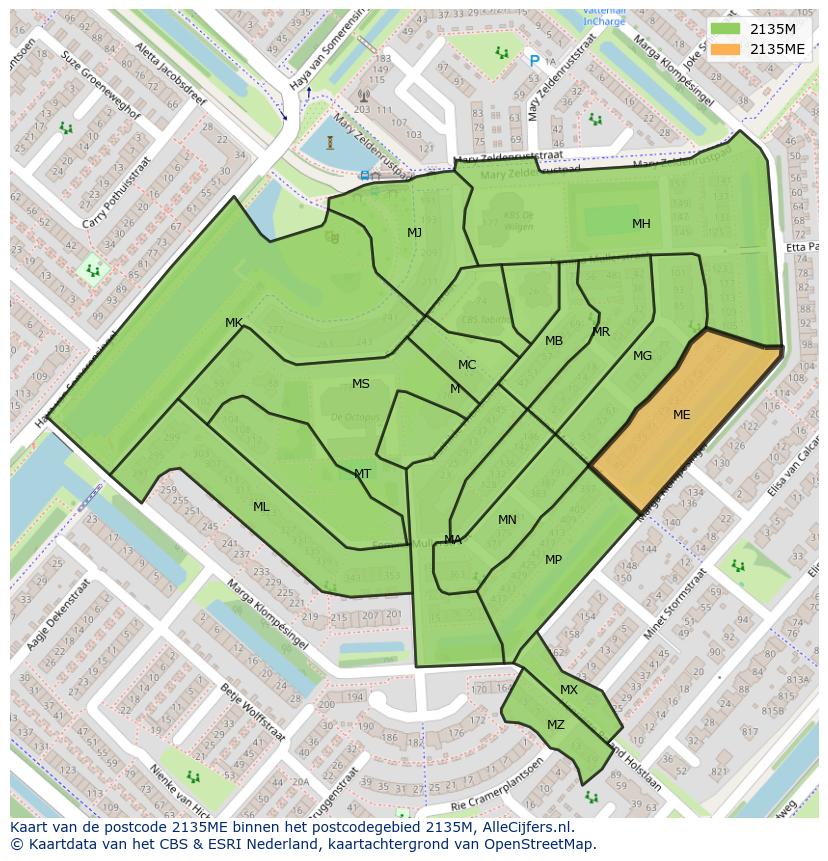 Afbeelding van het postcodegebied 2135 ME op de kaart.