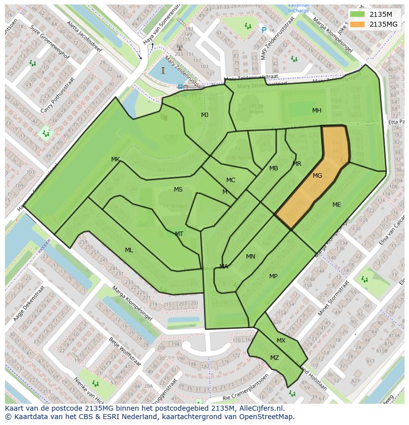 Afbeelding van het postcodegebied 2135 MG op de kaart.