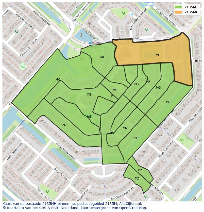 Afbeelding van het postcodegebied 2135 MH op de kaart.