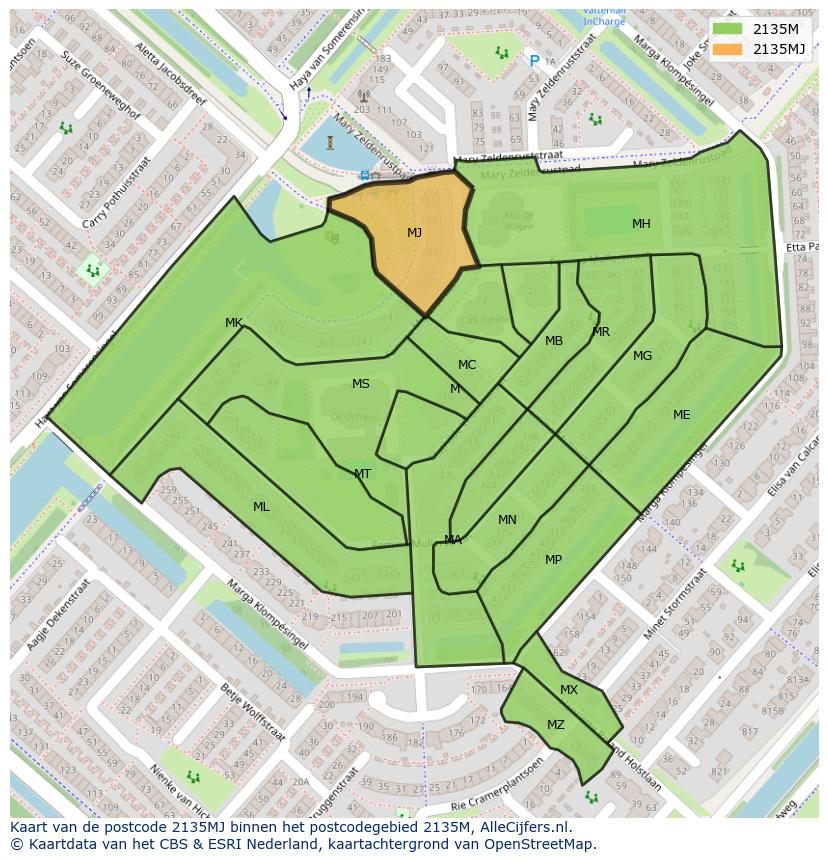 Afbeelding van het postcodegebied 2135 MJ op de kaart.