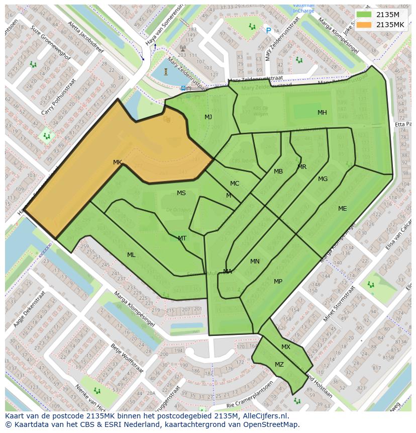 Afbeelding van het postcodegebied 2135 MK op de kaart.