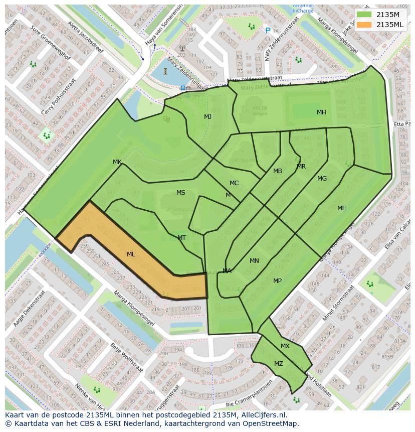 Afbeelding van het postcodegebied 2135 ML op de kaart.