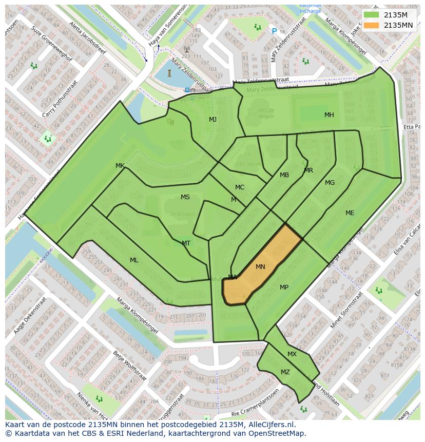 Afbeelding van het postcodegebied 2135 MN op de kaart.