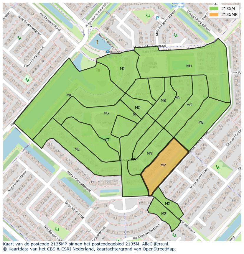 Afbeelding van het postcodegebied 2135 MP op de kaart.