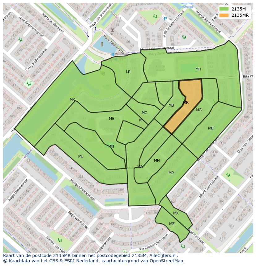 Afbeelding van het postcodegebied 2135 MR op de kaart.