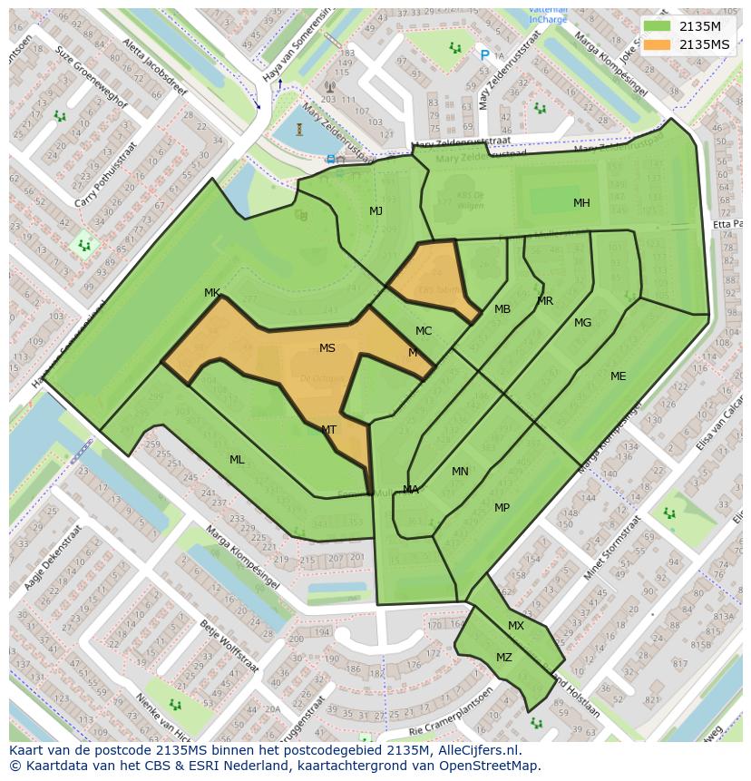 Afbeelding van het postcodegebied 2135 MS op de kaart.