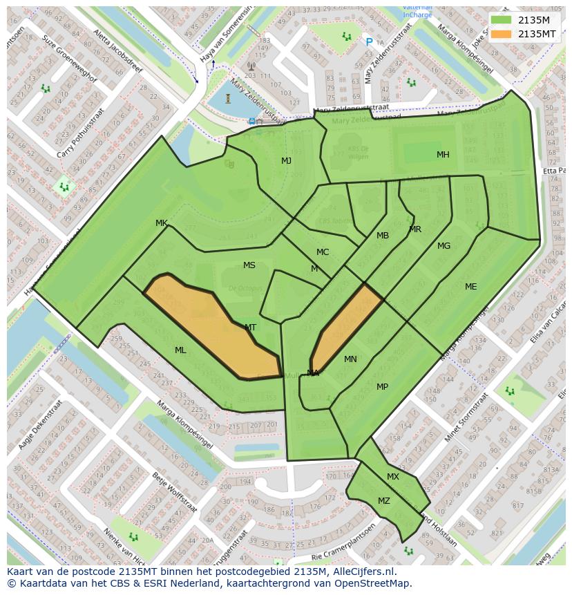 Afbeelding van het postcodegebied 2135 MT op de kaart.