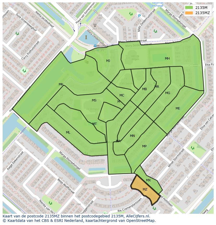 Afbeelding van het postcodegebied 2135 MZ op de kaart.