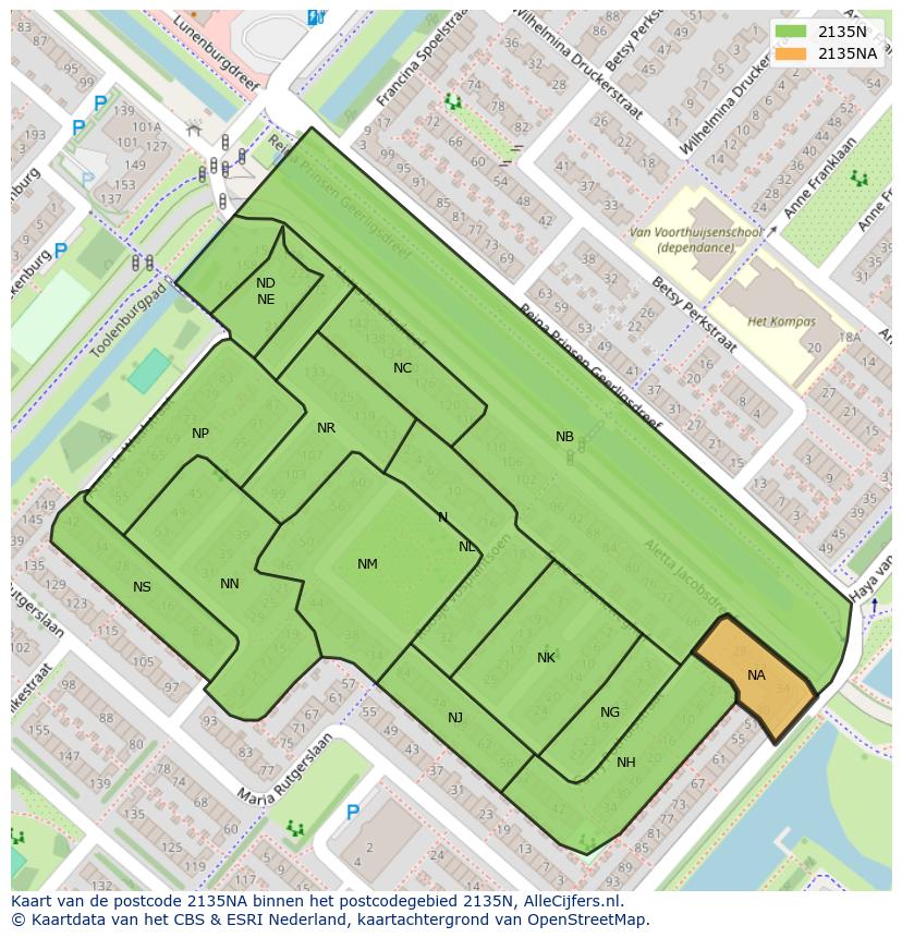 Afbeelding van het postcodegebied 2135 NA op de kaart.