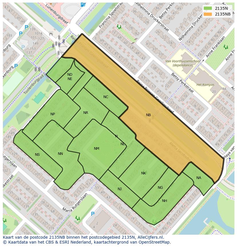 Afbeelding van het postcodegebied 2135 NB op de kaart.