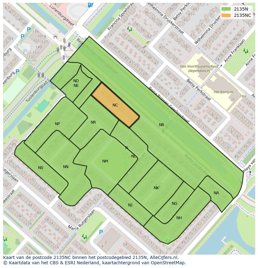 Afbeelding van het postcodegebied 2135 NC op de kaart.