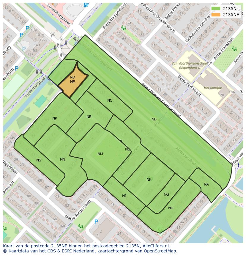 Afbeelding van het postcodegebied 2135 NE op de kaart.