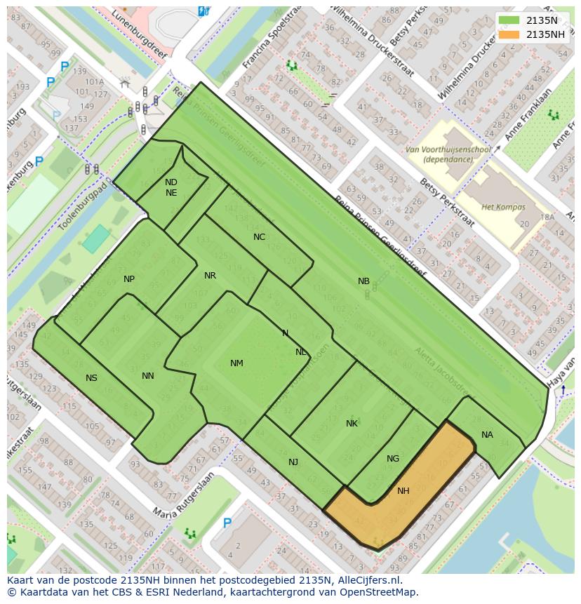 Afbeelding van het postcodegebied 2135 NH op de kaart.