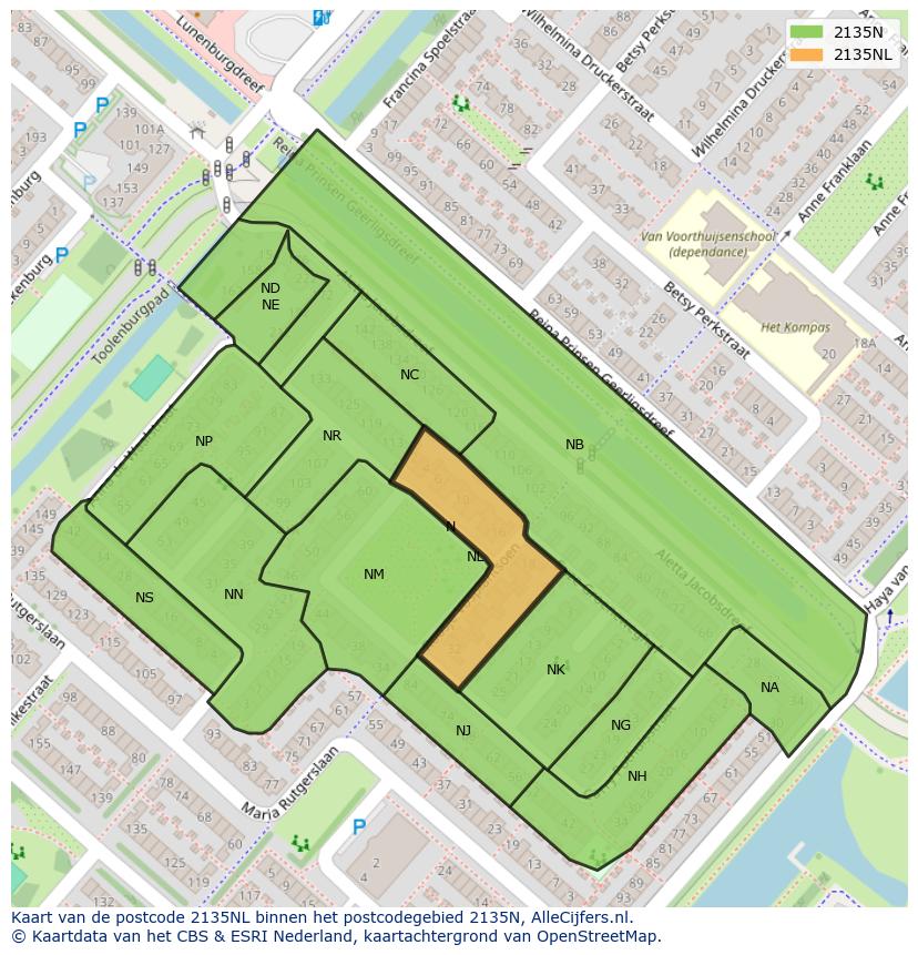 Afbeelding van het postcodegebied 2135 NL op de kaart.