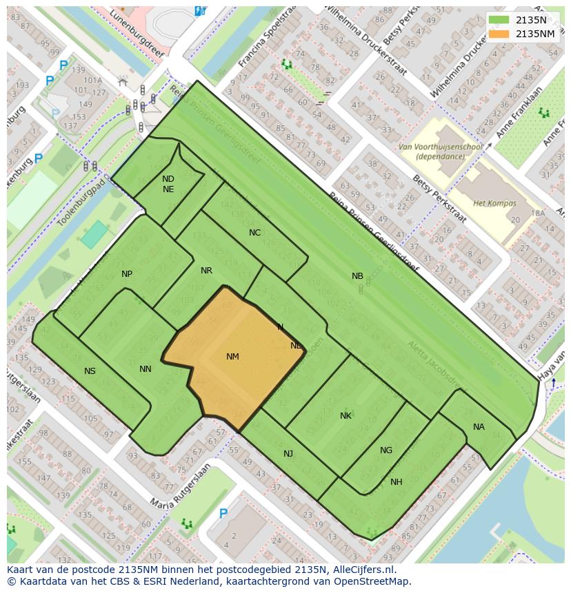 Afbeelding van het postcodegebied 2135 NM op de kaart.