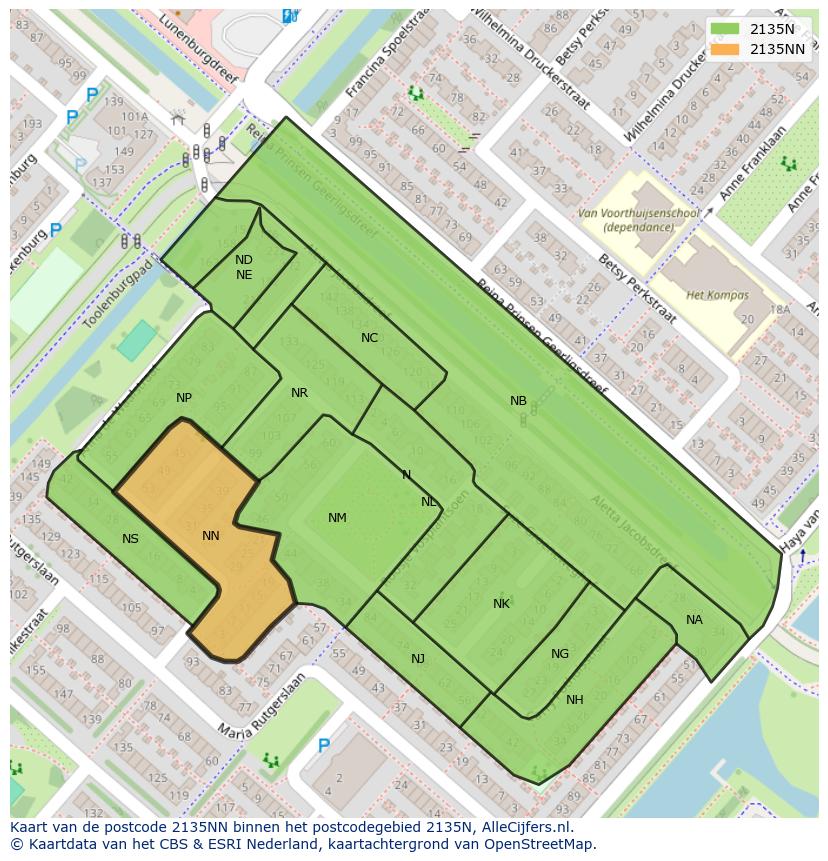 Afbeelding van het postcodegebied 2135 NN op de kaart.