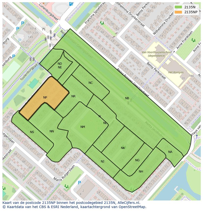 Afbeelding van het postcodegebied 2135 NP op de kaart.