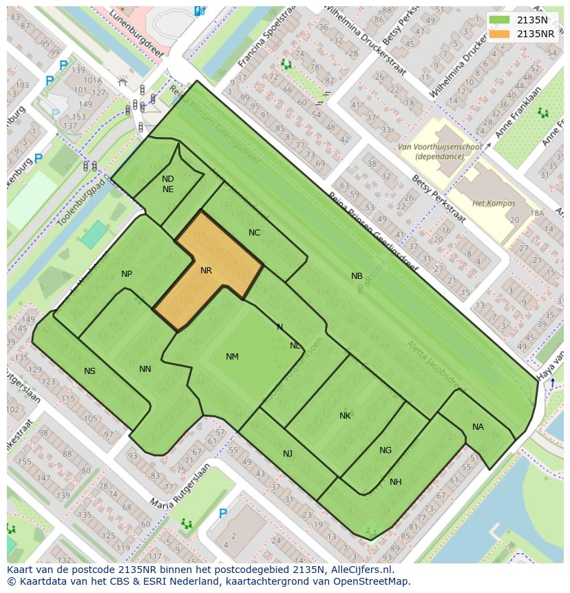 Afbeelding van het postcodegebied 2135 NR op de kaart.